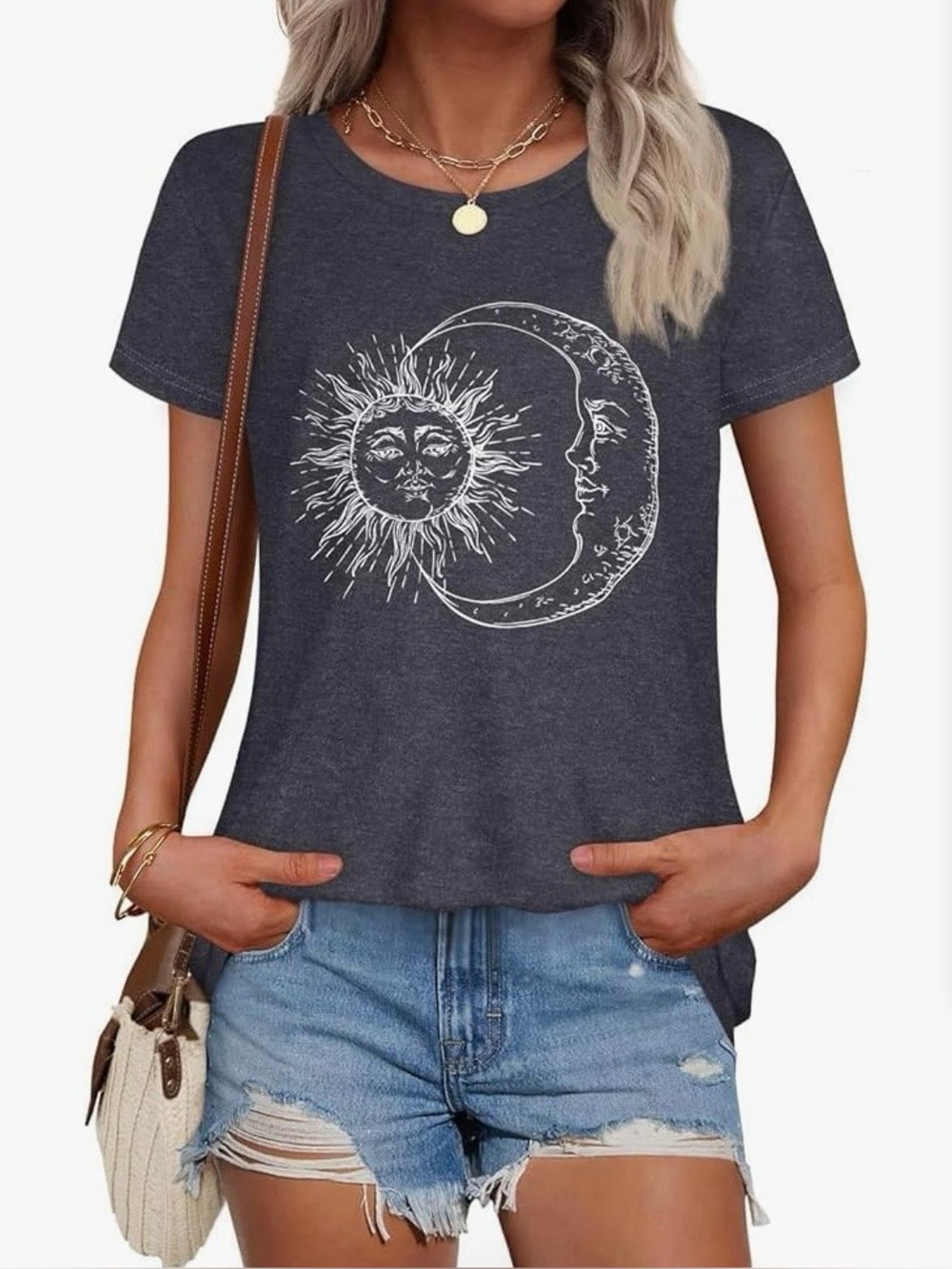 Women's Charcoal Sun & Moon Graphic Tee, Size Large